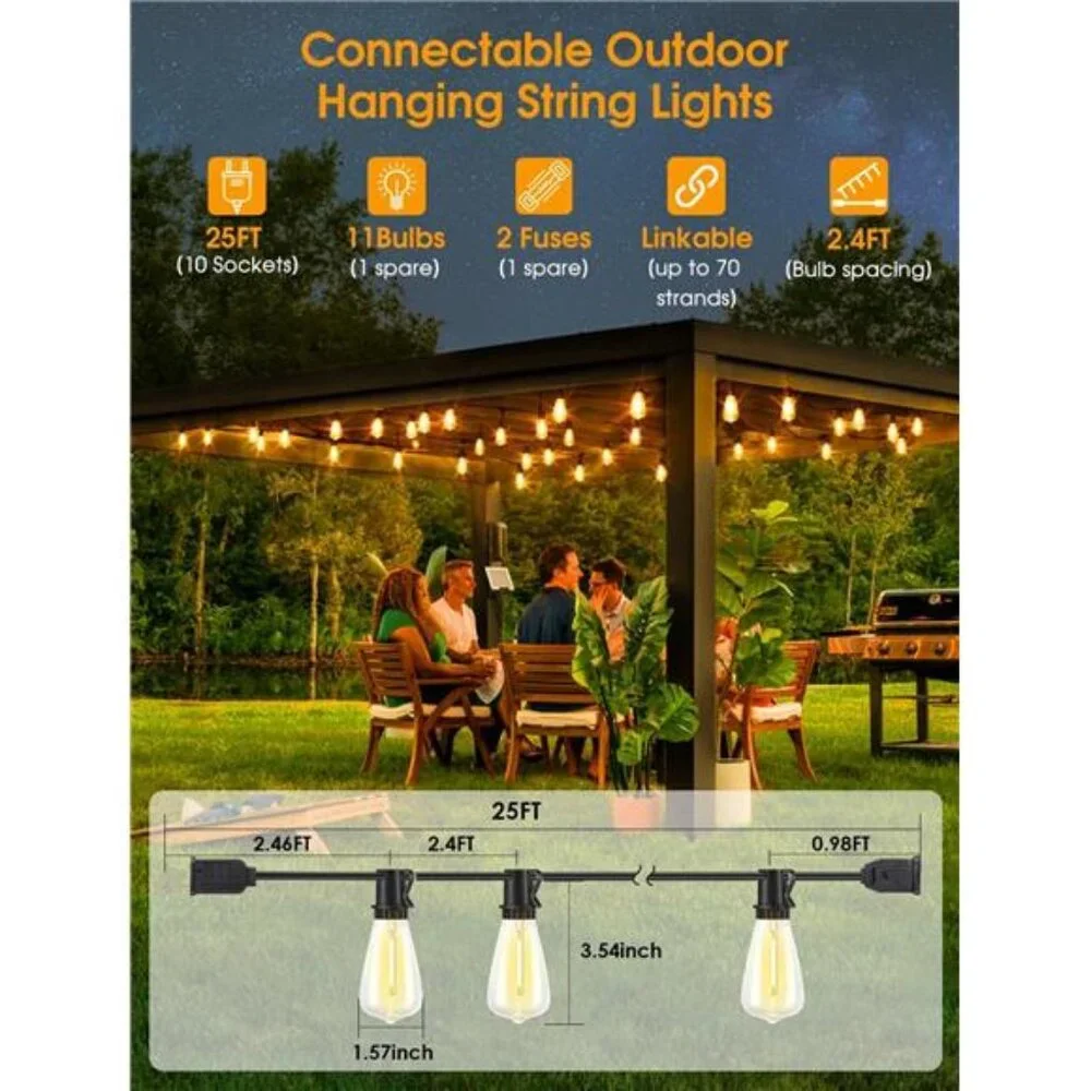 25FT Outdoor String Lights, Patio Lights with 10+1 LED Dimmable Waterproof